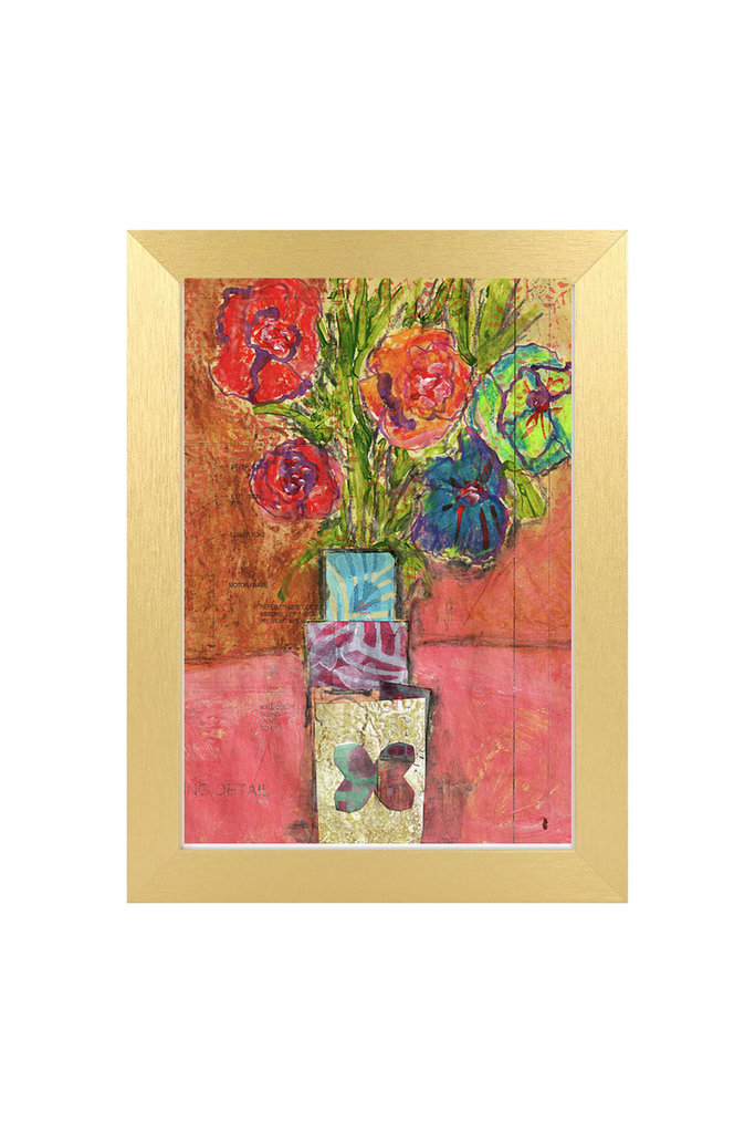 Framed artwork of a colorful still life with flowers and a vase on a textured background.