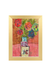 Framed artwork of a colorful still life with flowers and a vase on a textured background.