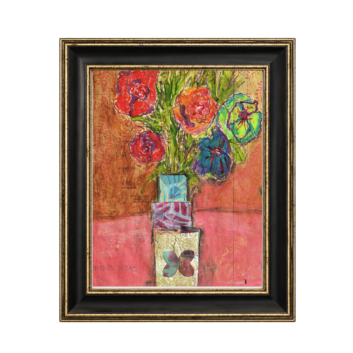 A framed painting featuring a still life of colorful poppies in a vase, set against a pink and brown background. The artwork is housed in a black frame with a gold inner border, shown on a plain white background.