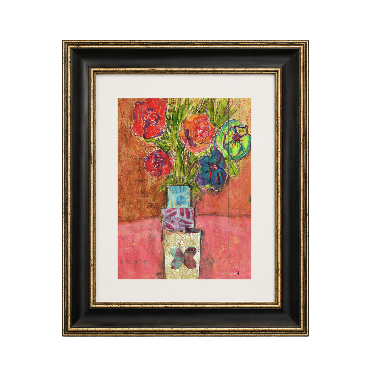 Framed floral art print featuring a colorful still life of red, pink, green, and blue flowers in a vase, set in a black and gold frame with a white mat on a light gray background.