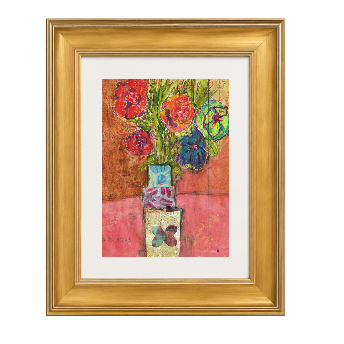 Framed floral art print featuring a colorful still life of red, pink, green, and blue flowers in a vase, set in a gold frame with a white mat on a light gray background.