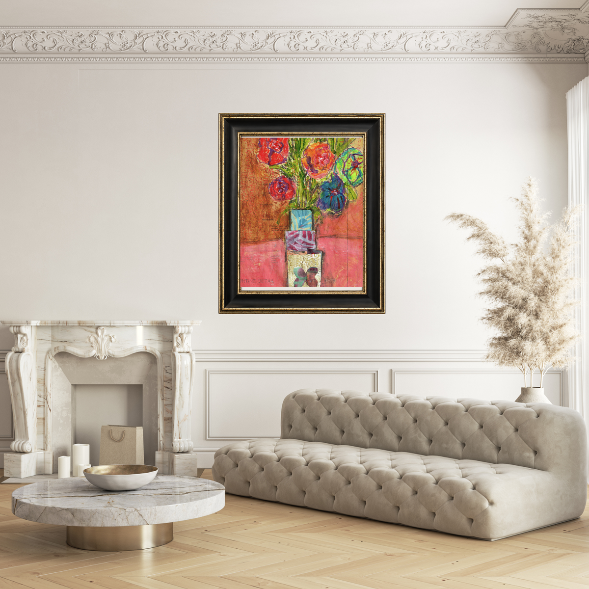 An elegant, large-scale display of the Blood Moon fine art print by Sara Palacios, serving as an exquisite focal point in a high-end gold frame above a living room mantelpiece.