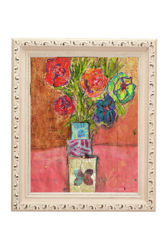 Framed artwork with colorful flowers and abstract patterns on a textured background