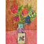 Mixed media collage titled Blood Moon by Sara Palacios. This vibrant piece features a colorful bouquet of flowers in red, orange, and green, placed in a geometric vase with bold patterns, set against a textured red and ochre background.