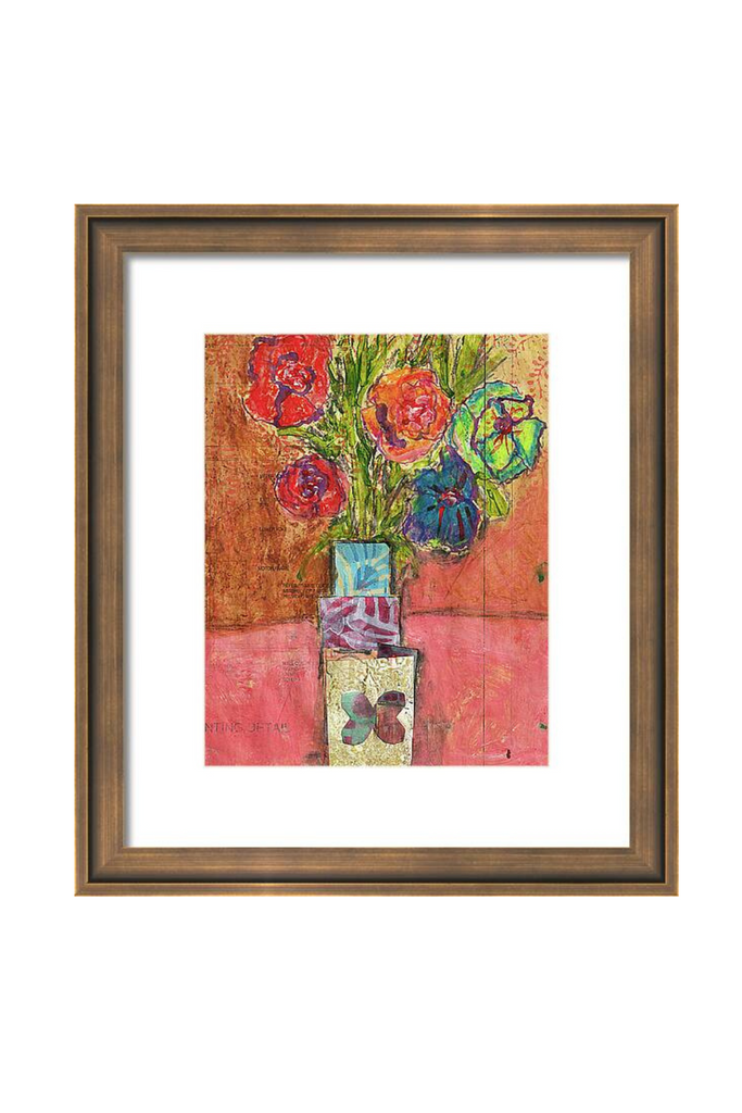 Framed artwork with colorful flowers and abstract elements on a white background