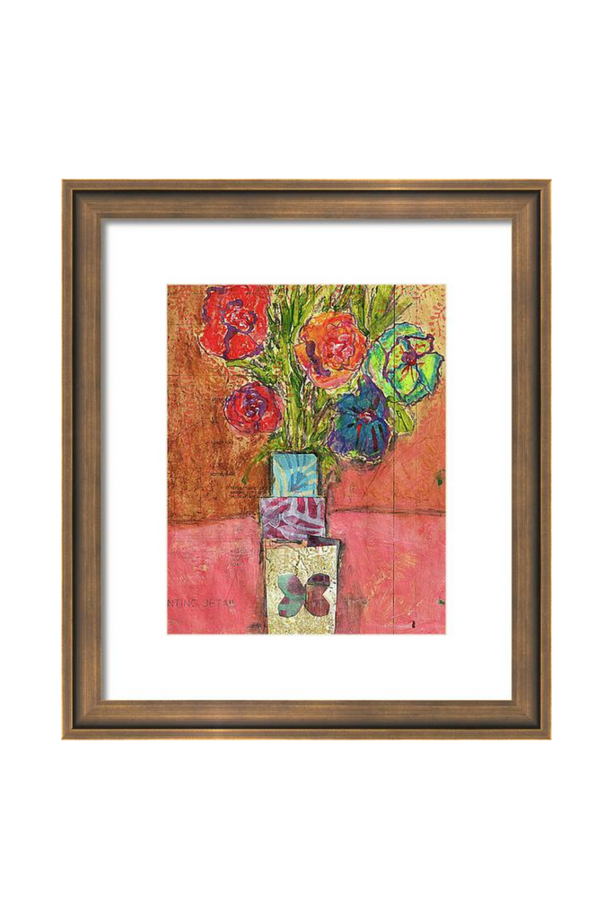 Framed artwork of flowers on a textured background