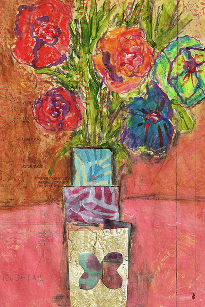 Colorful floral arrangement in a glass vase on a textured pink background