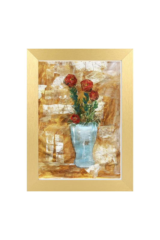 Framed artwork of a vase with flowers on a textured background
