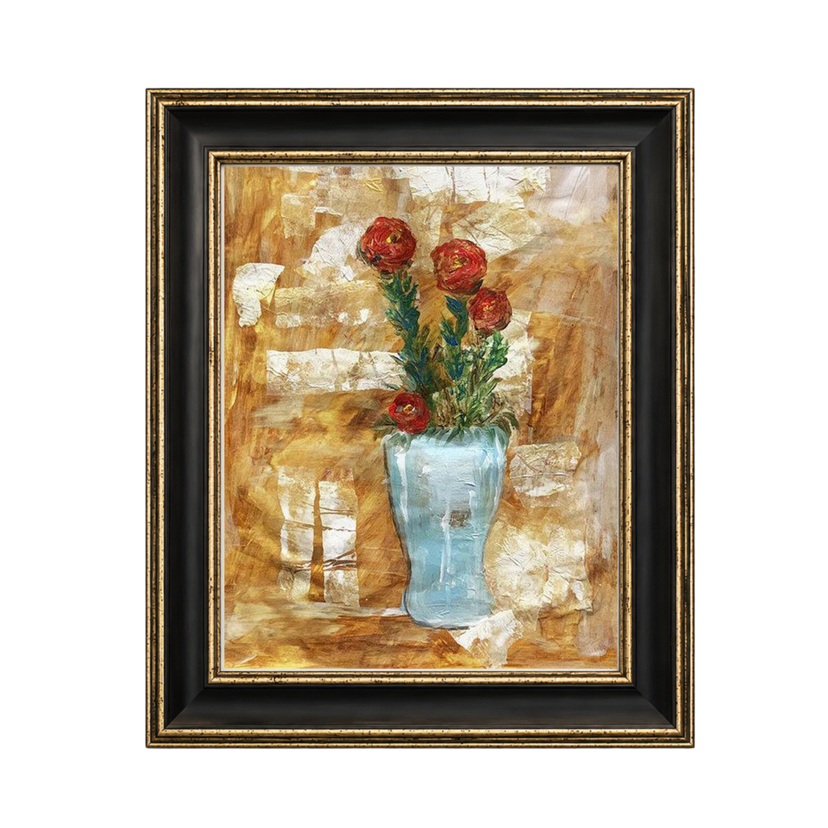 A framed still life painting featuring red flowers in a light blue vase against an abstract textured background in warm gold, brown, and beige tones. The artwork is enclosed in a black frame with a gold inner border, shown on a plain white background.