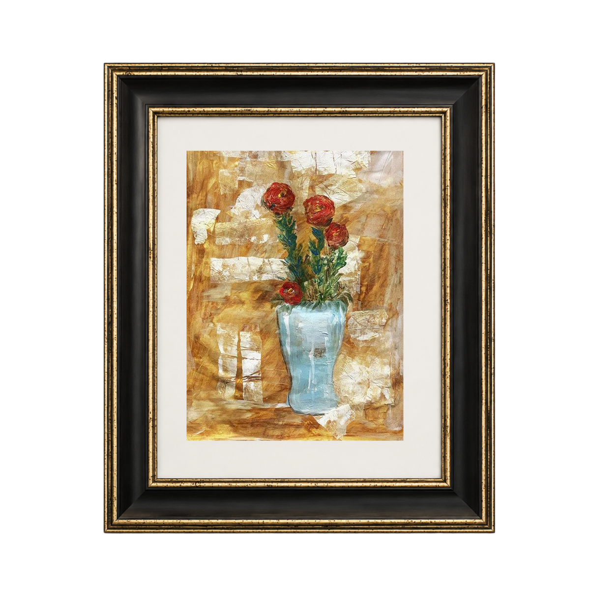 "Blue Moon floral fine art print by Sara Palacios in a black and gold frame with white mat, showing red ranunculus in a blue vase against an abstract golden textured background.