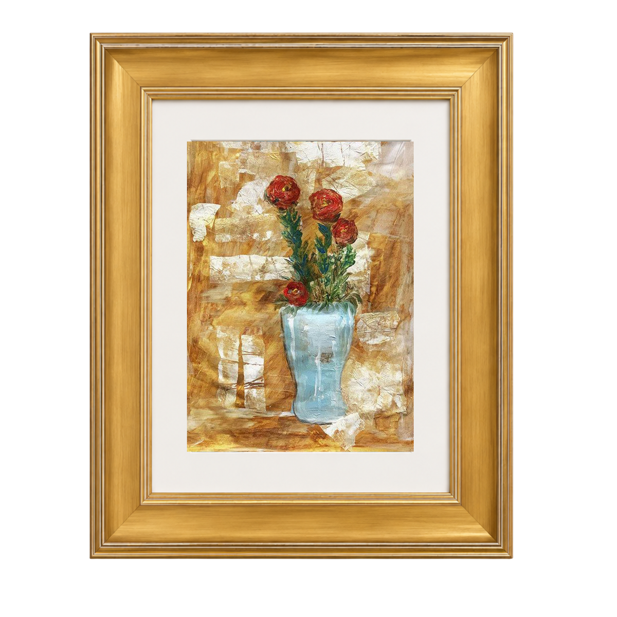 Blue Moon floral fine art print by Sara Palacios in a gold frame with white mat, featuring red ranunculus flowers in a light blue vase against a warm golden mixed-media background.