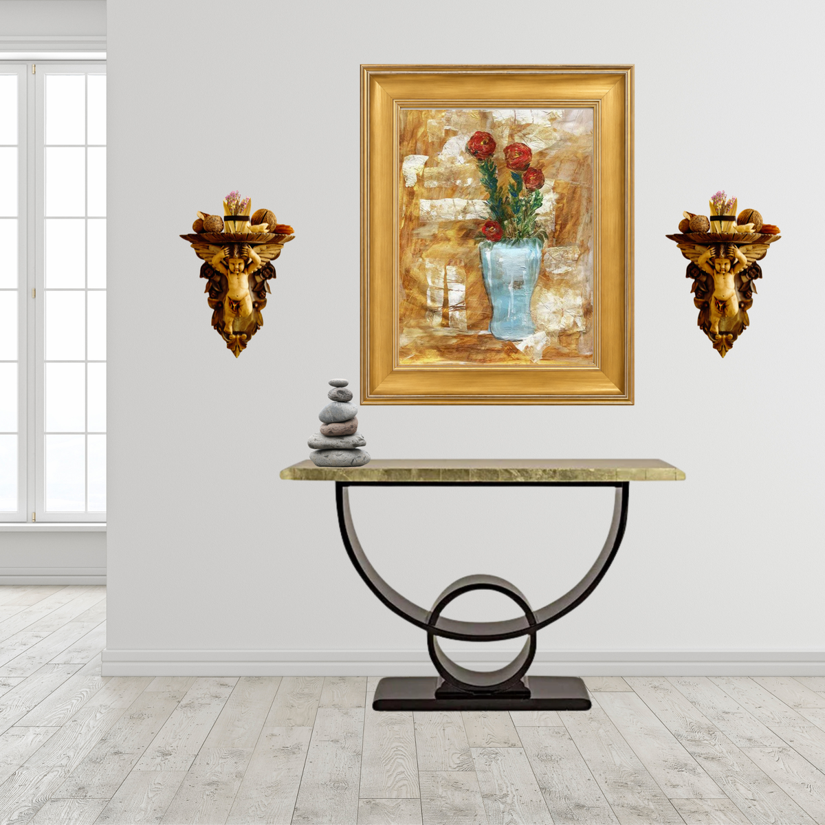  Blue Moon fine art print by Sara Palacios displayed in a gold frame above a marble console table in an elegant white entryway, flanked by ornate gold wall sconces