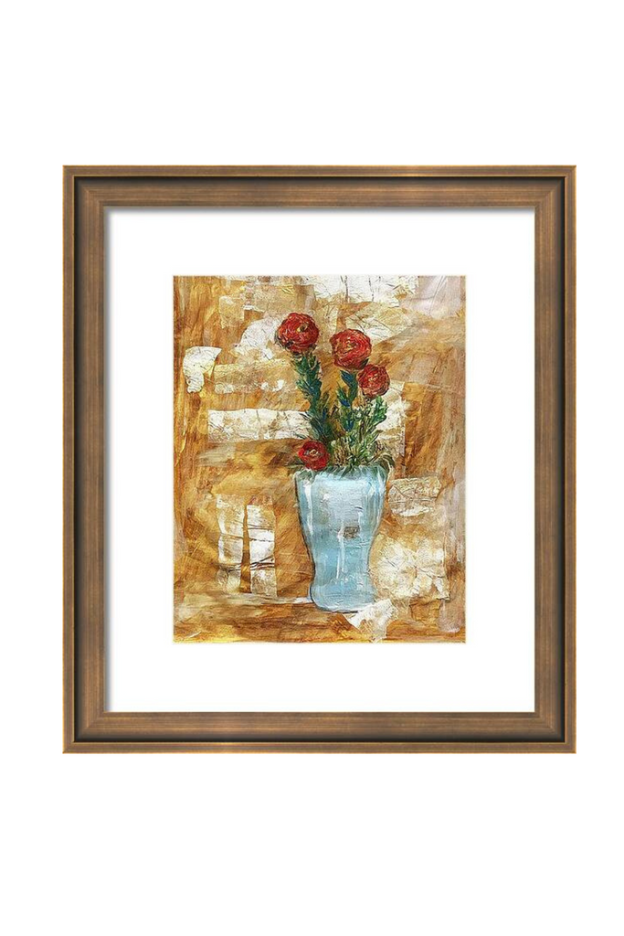 Framed artwork of a vase with flowers on a textured background