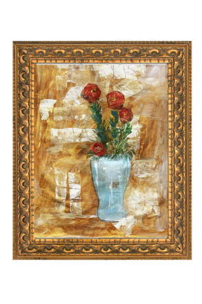 Decorative painting with a blue vase and red flowers in an ornate gold frame.