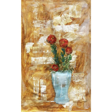 Mixed media collage titled Blue Moon by Sara Palacios. The piece shows red flowers with green stems arranged in a soft blue vase, set against a golden-brown textured background with layered, torn paper elements that create depth and warmth.