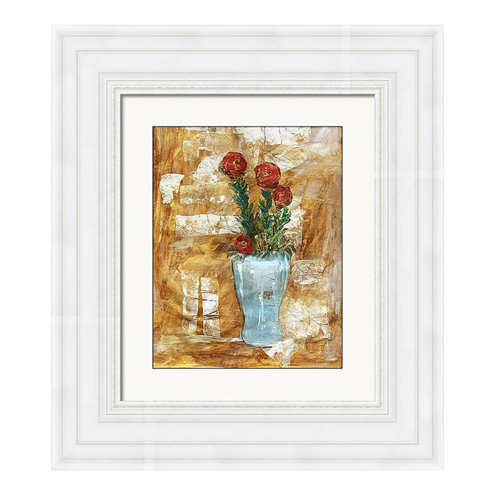 Mixed media collage titled Blue Moon by Sara Palacios. The piece shows red flowers with green stems arranged in a soft blue vase, set against a golden-brown textured background with layered, torn paper elements that create depth and warmth.
