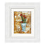 Mixed media collage titled Blue Moon by Sara Palacios. The piece shows red flowers with green stems arranged in a soft blue vase, set against a golden-brown textured background with layered, torn paper elements that create depth and warmth.