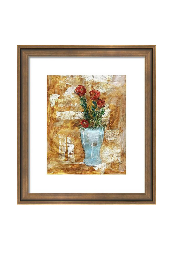 Framed artwork of a vase with flowers on a textured background