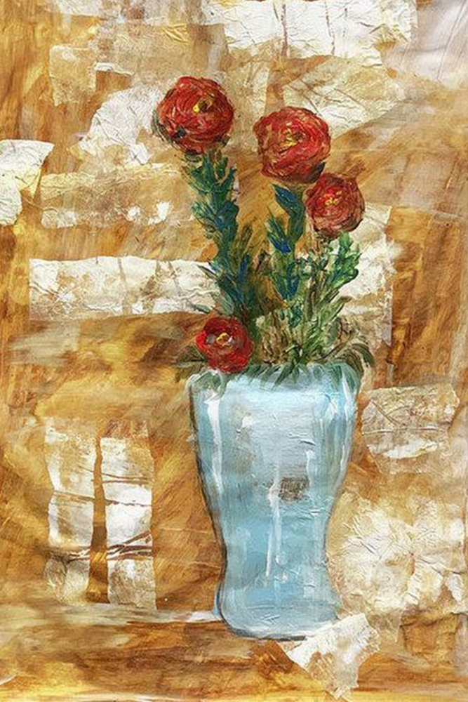 Artistic depiction of a vase with red flowers against a textured beige background
