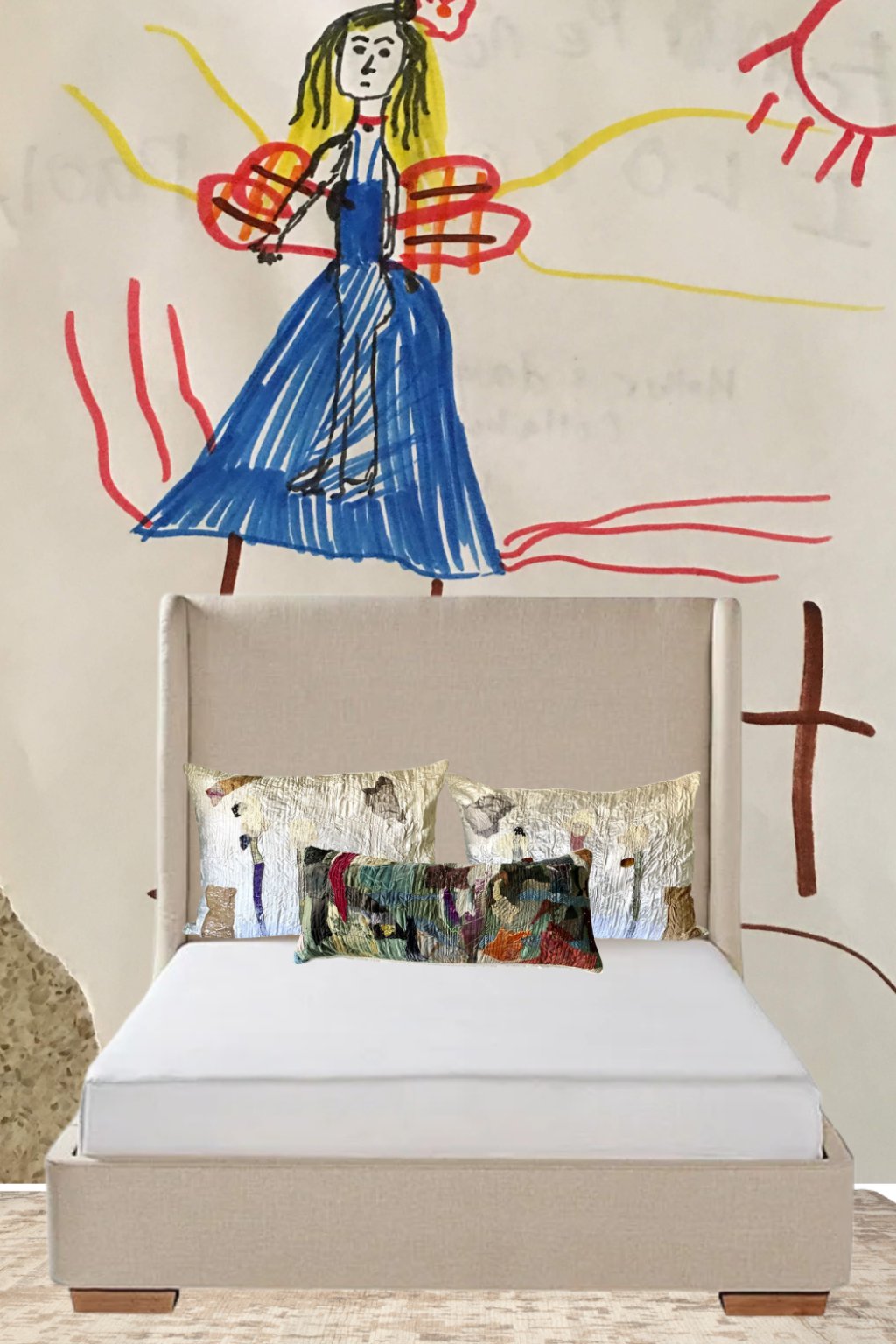 lumbar pillow on top of a bed with a drawing as a wall paper