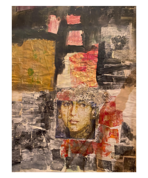 Abstract art piece with a portrait embedded in a collage of colors