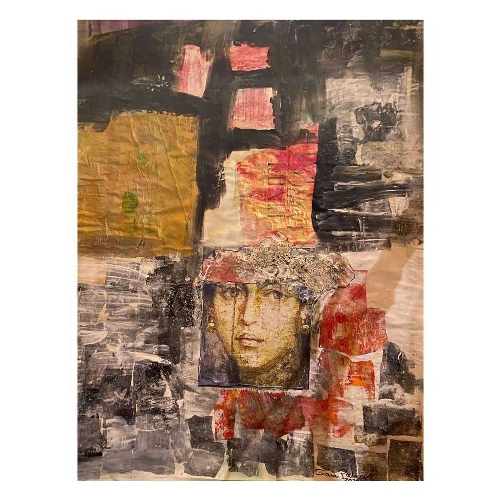 Abstract art piece with a portrait inset on a textured background