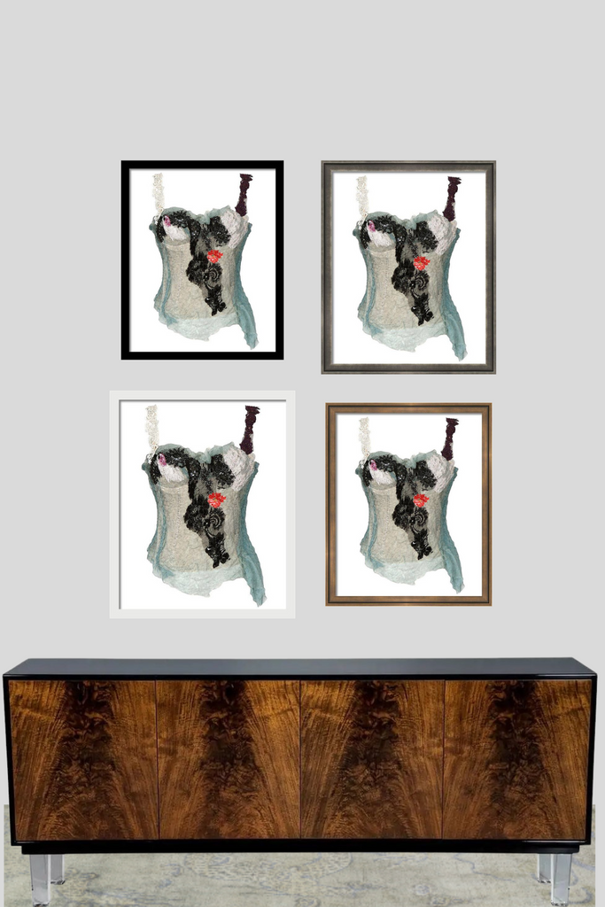 Four framed prints of a sloth on a wall above a wooden cabinet.