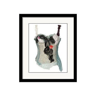 Art print of a white corset designed by Sara Palacios, featuring hand-painted textiles and detailed embellishments from her wearable art fashion line.