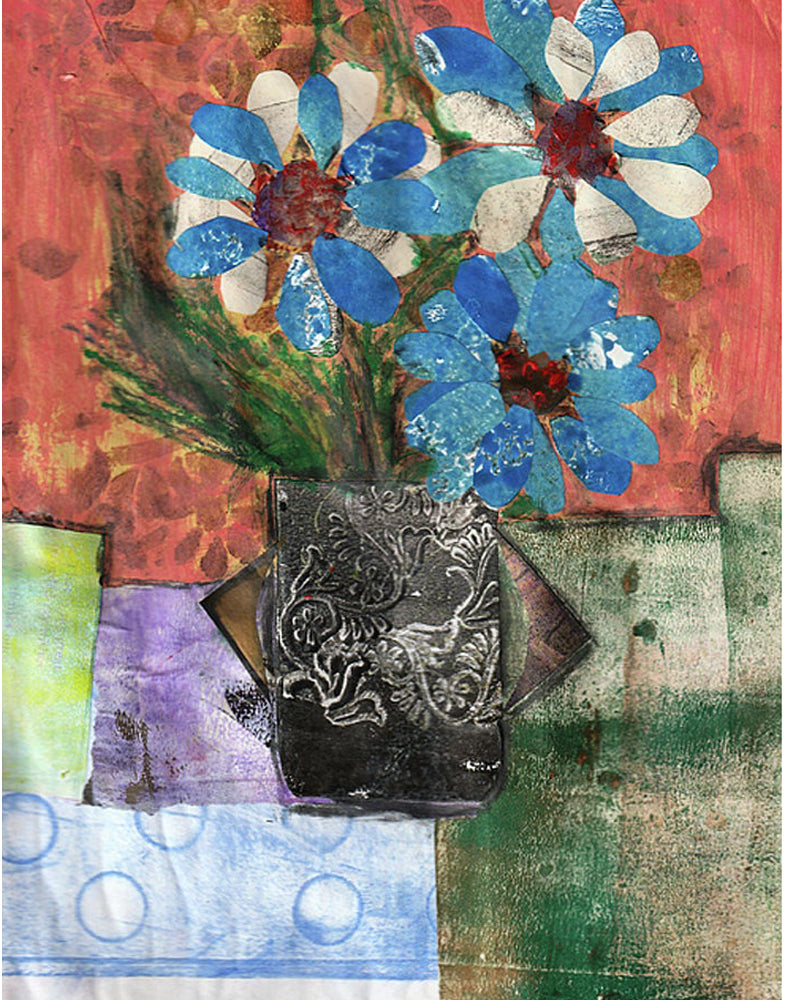 Artistic depiction of flowers in a vase with a textured background