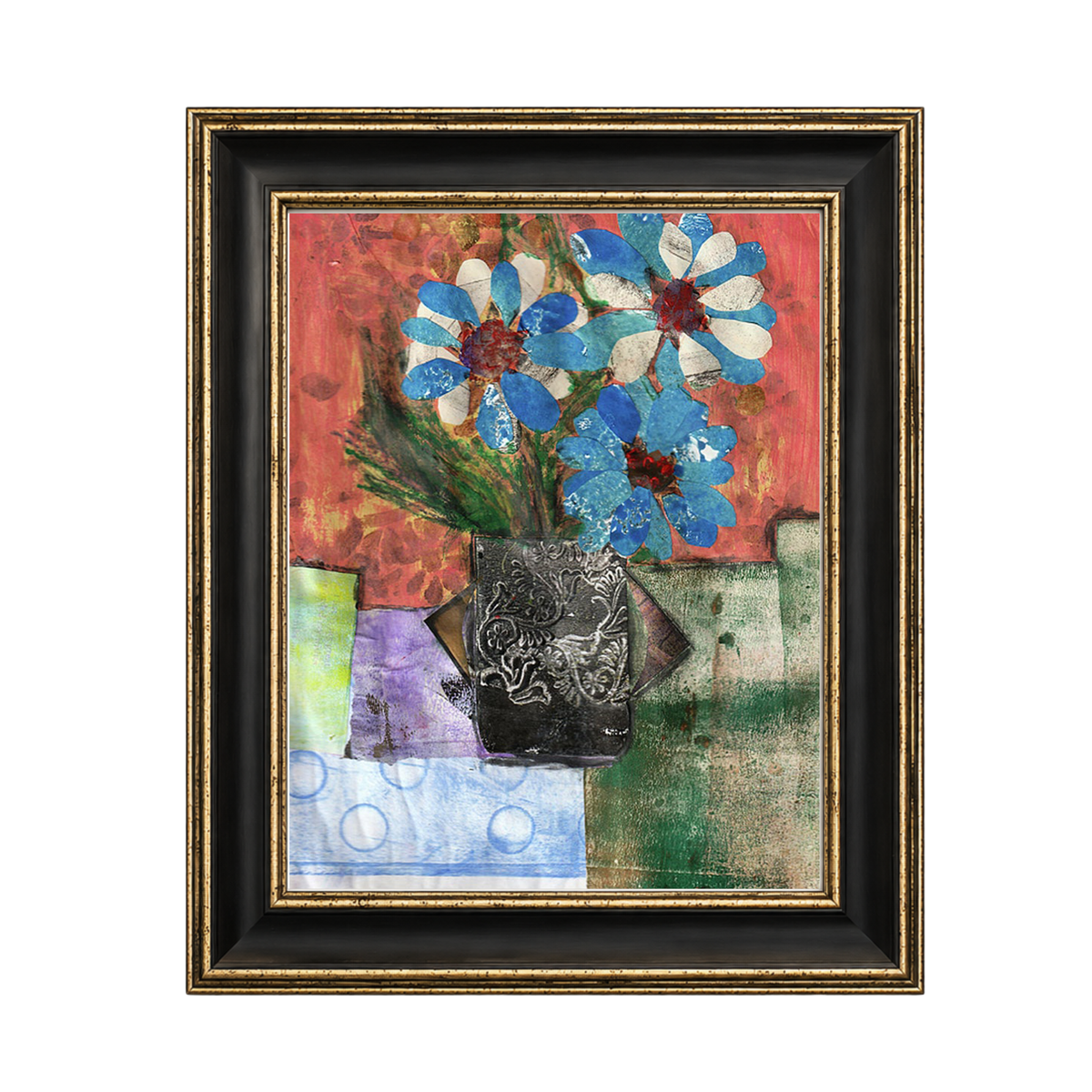 A framed mixed-media floral painting featuring blue and white flowers with green stems in a dark vase, set against a textured red, purple, and green background. The artwork is housed in a black frame with a gold inner border, shown against a plain white background.