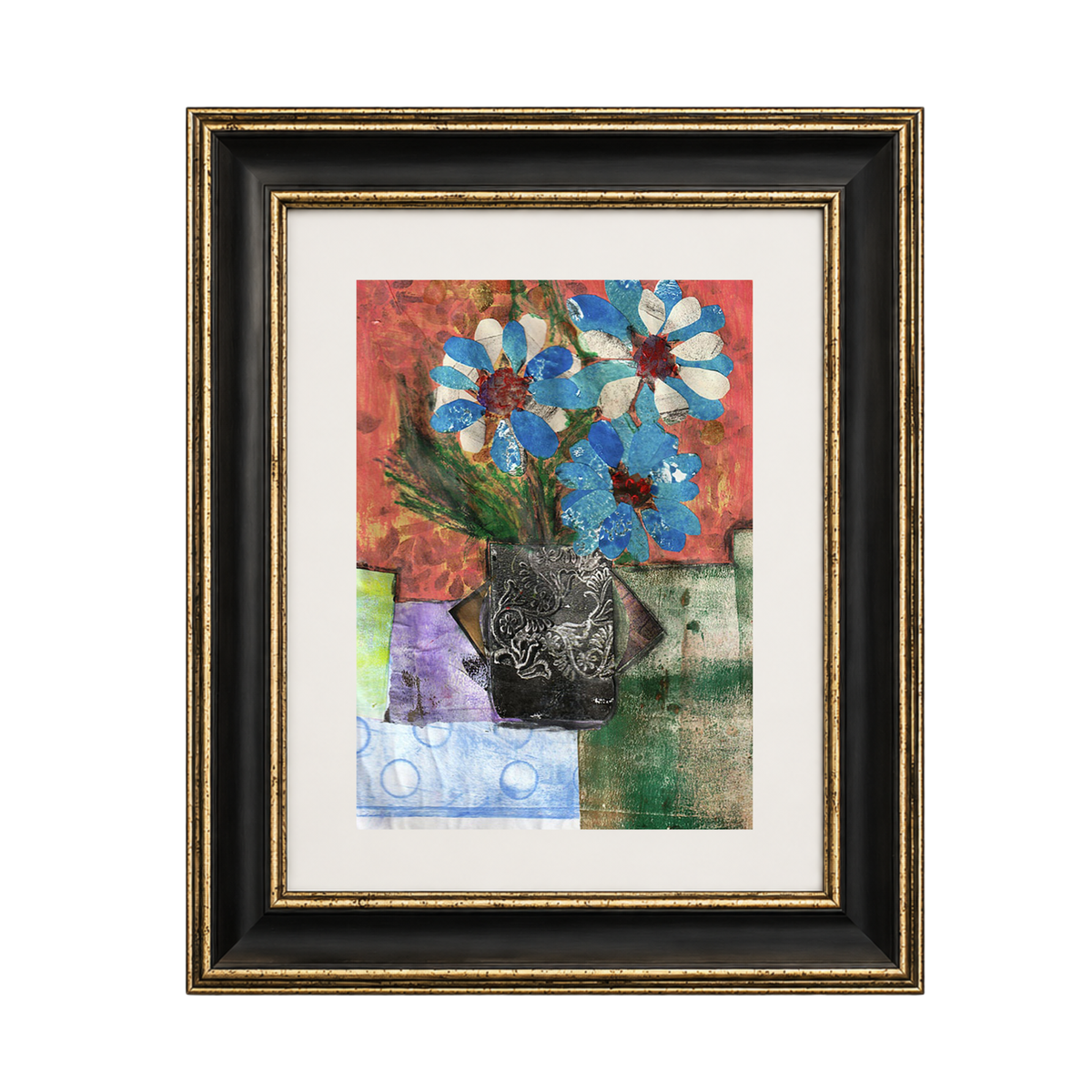 A framed mixed-media floral painting featuring blue and white flowers with green stems in a dark vase, set against a textured red, purple, and green background. The artwork is housed in a matted black frame with a gold inner border, shown against a plain white background.