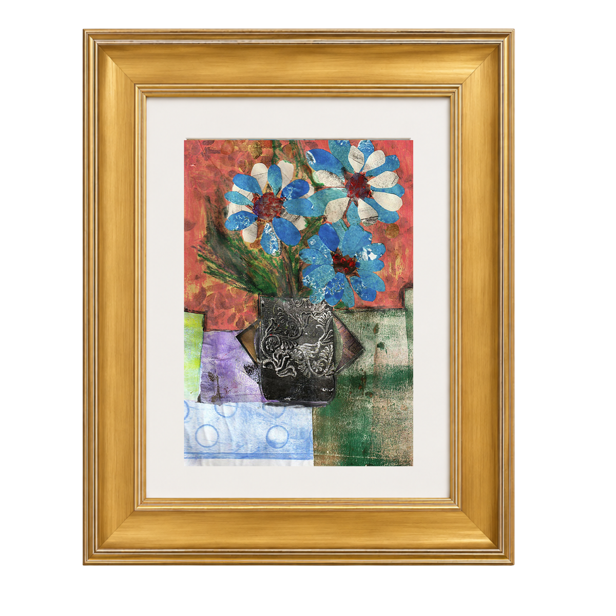 Framed mixed-media floral painting featuring blue and white flowers with red centers in a black patterned vase, set against a matted gold frame on a white background.