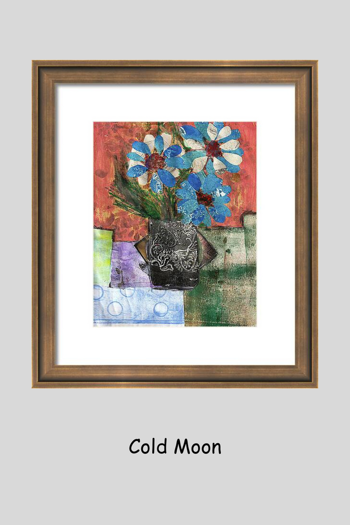 Framed artwork titled 'Cold Moon' with abstract design and flowers.