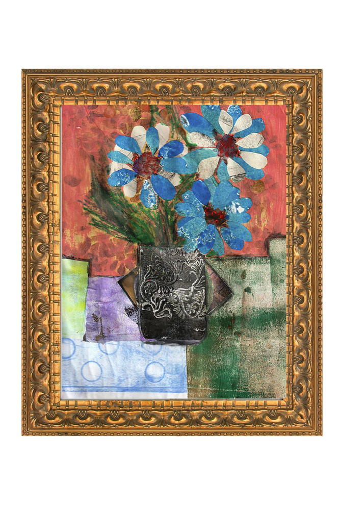 Framed artwork with flowers and a vase on a textured background