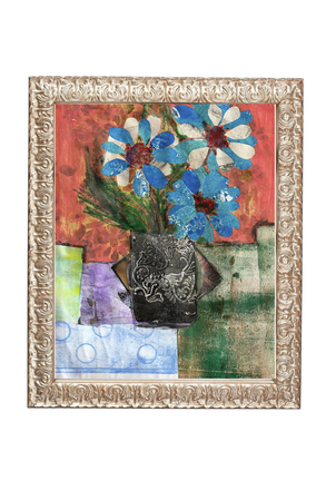 Framed artwork with blue flowers and decorative elements on a textured background