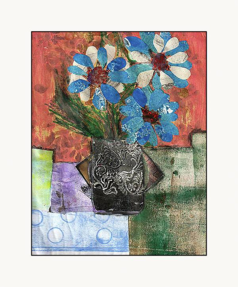 Mixed media collage titled Cold Moon from the Moon series by Sara Palacios. The artwork features vibrant blue and white flowers in a dark, textured vase set against a warm red background, with layered geometric shapes and fabric-like patterns beneath.