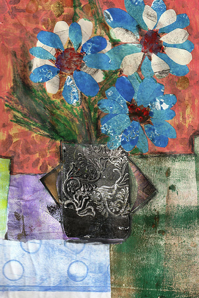Artistic depiction of blue flowers in a decorative vase on a textured background