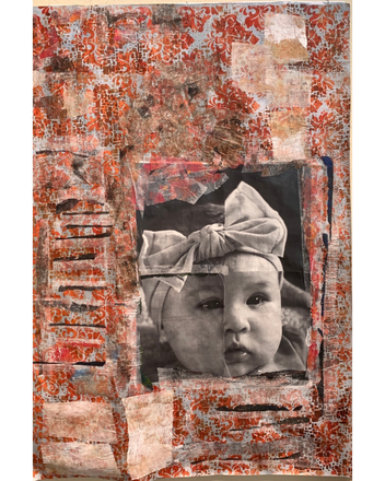 Collage with a distressed texture and a black and white photo of a baby wearing a bow.