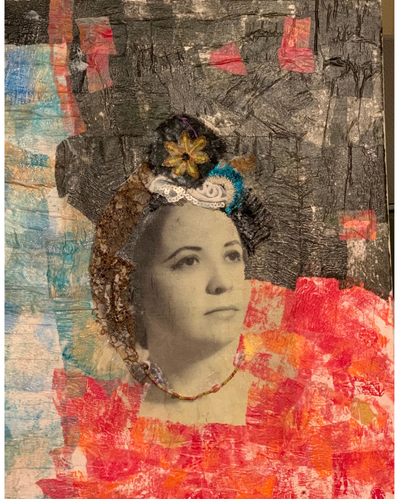 Black-and-white portrait collage of a woman adorned with lace, beads, and a hand-embroidered flower crown.  Artwork by Sara Palacios.