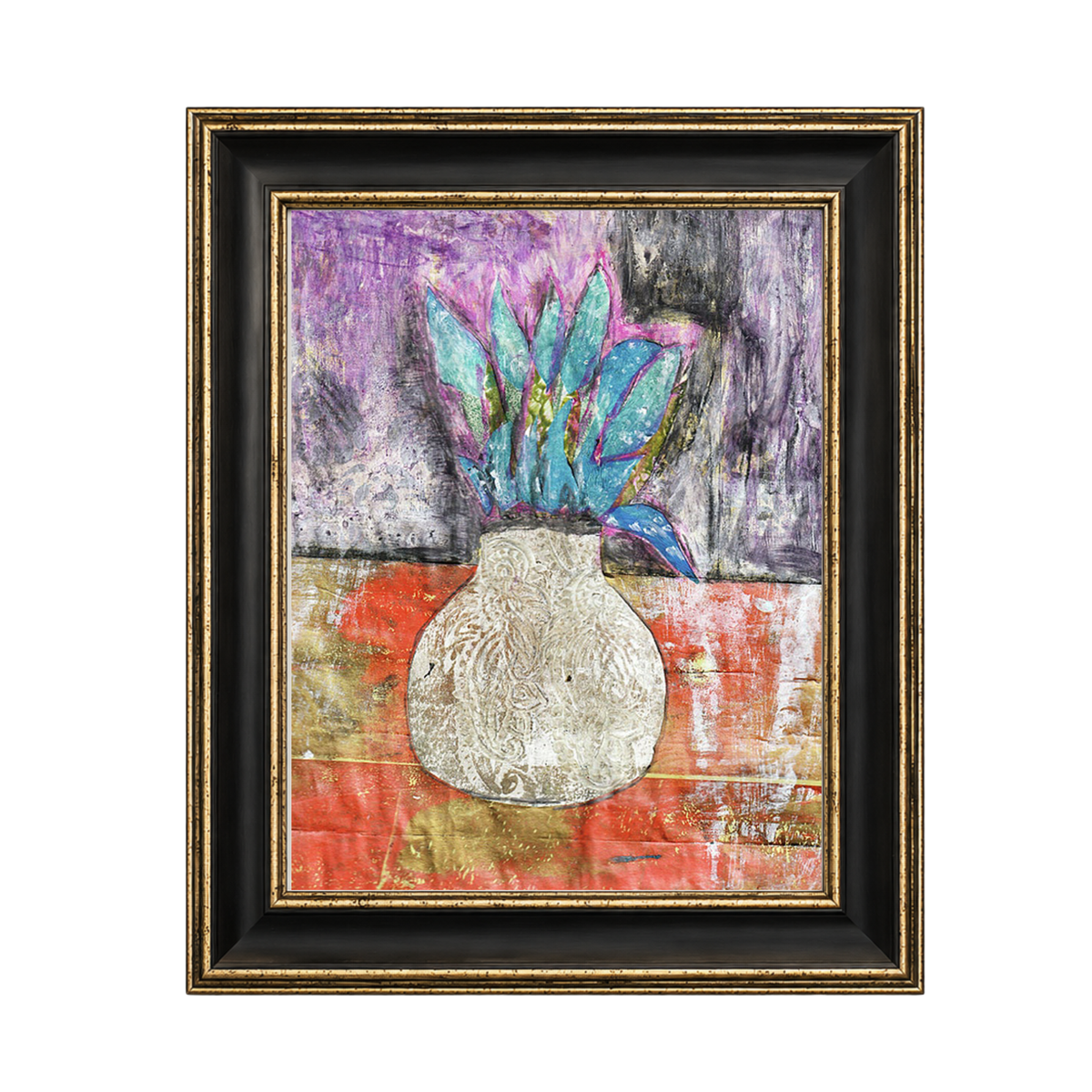 Framed abstract painting of a white textured vase with blue and purple leaves, set against a purple and orange background, in a black and gold frame.