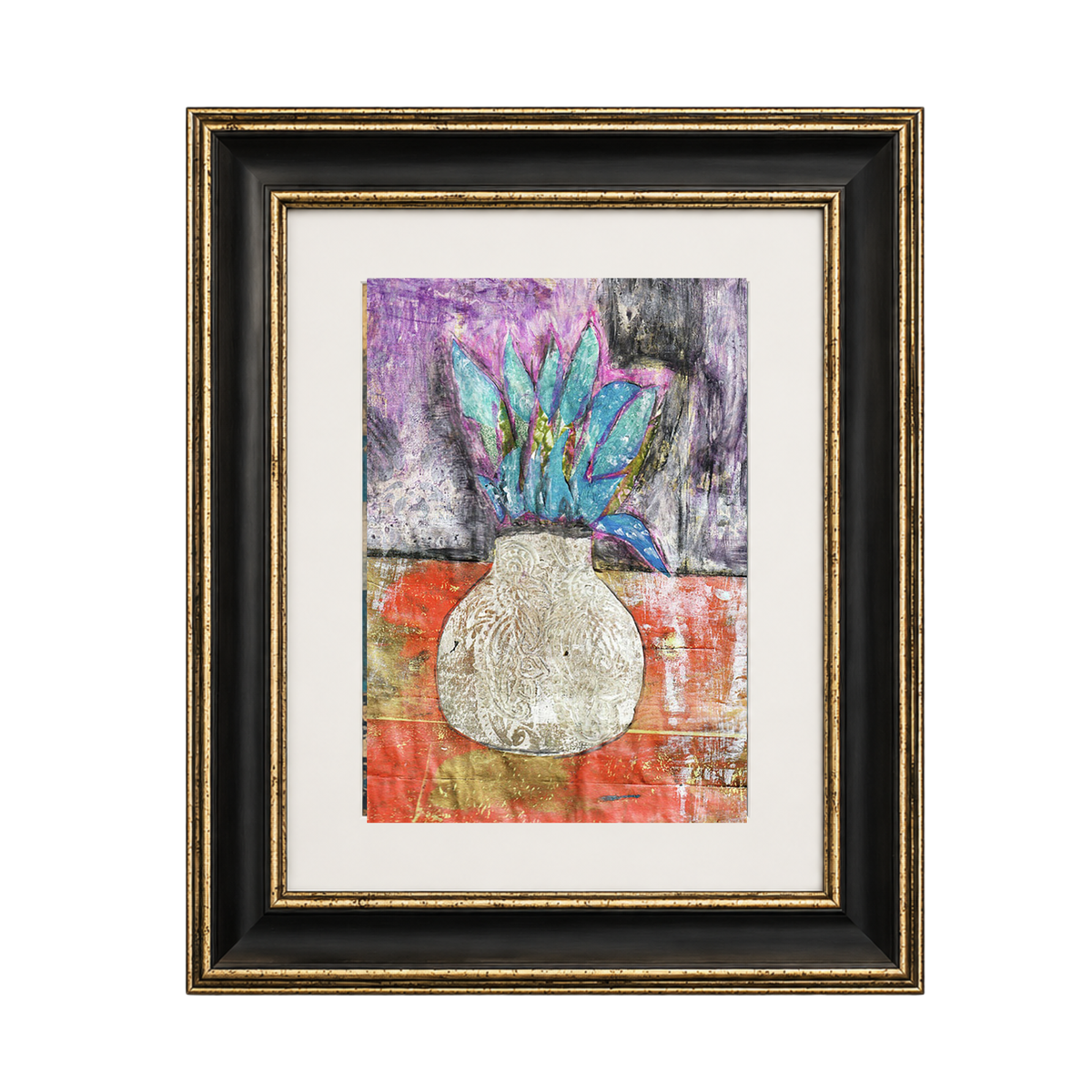 Corn Moon floral fine art print by Sara Palacios in a black and gold frame with white mat, showcasing a round white textured vase with turquoise and pink leaves on a layered red, gold, and purple abstract background.