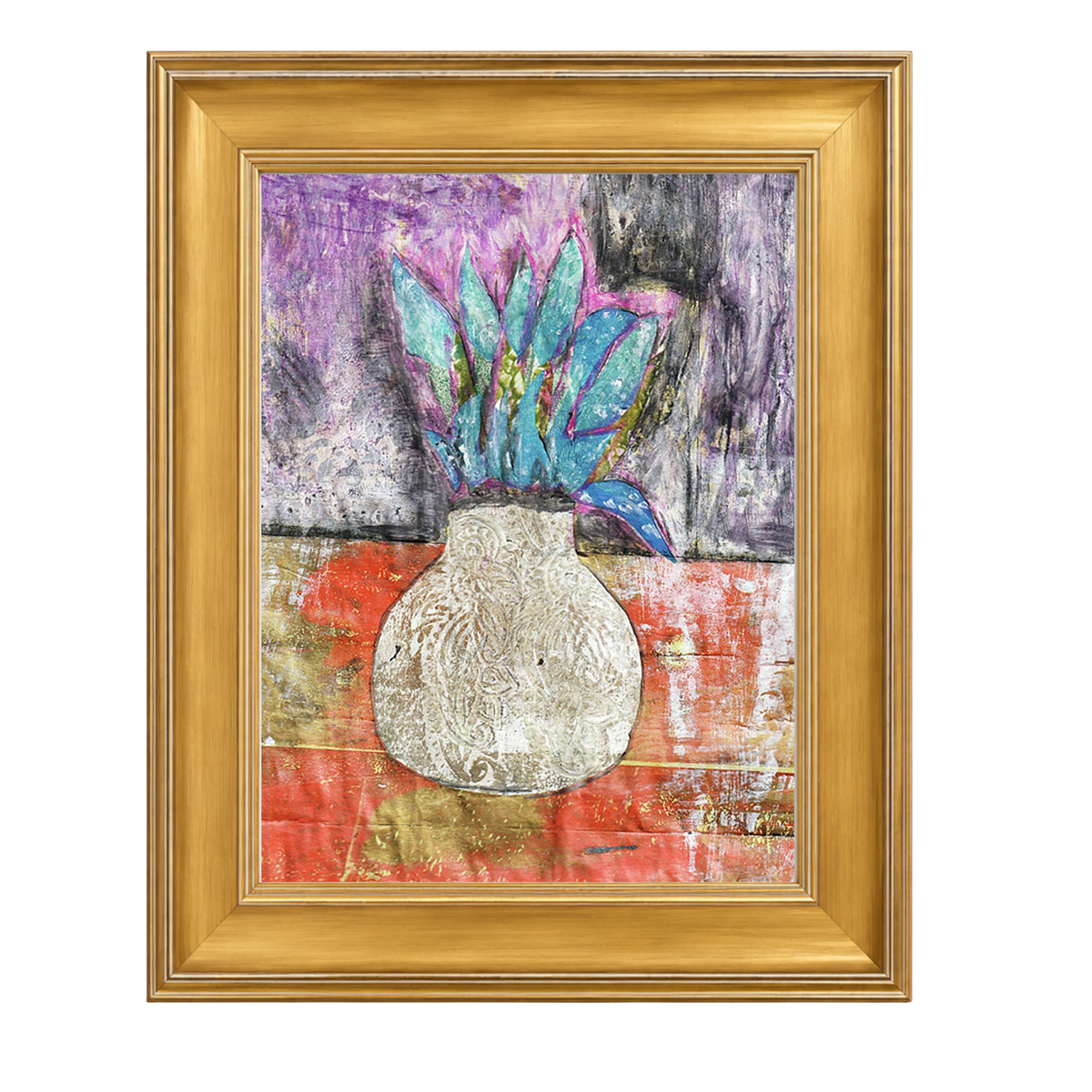 Corn Moon fine art print by Sara Palacios in a large gold frame without a mat, featuring a round textured white vase with turquoise and pink leaves on a vibrant mixed-media background of red, gold, and purple — 24x36 size.