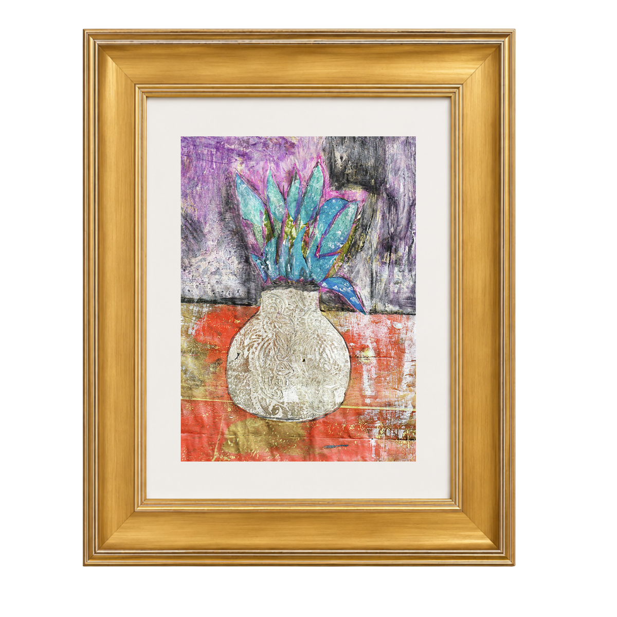 Corn Moon floral fine art print by Sara Palacios in a gold frame with white mat, featuring a textured white round vase with bold turquoise and pink leaves against a vibrant purple, red, and gold mixed-media background.