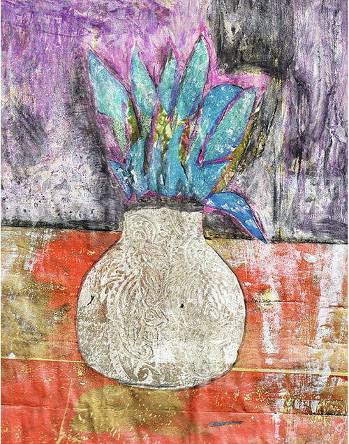 Decorative vase with blue flowers on a textured surface with abstract patterns