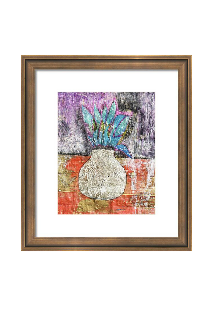 Framed artwork with a colorful abstract design featuring a vase and floral elements on a white background.