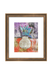 Framed artwork with a colorful abstract design featuring a vase and floral elements on a white background.