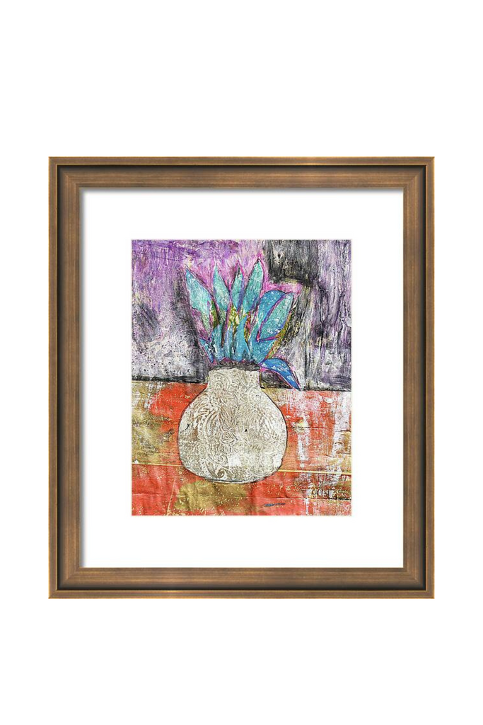 Framed abstract artwork with a vase and floral elements on a white background