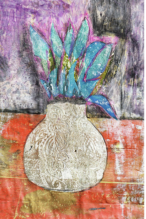 Abstract artwork with a textured vase and colorful leaves on a multicolored background