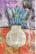 Abstract artwork with a textured vase and colorful leaves on a multicolored background