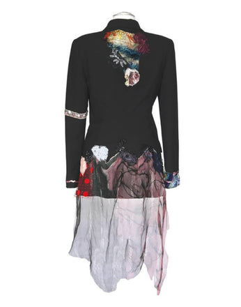 Art print of a one-of-a-kind jacket titled Daphene Jacket, designed by Sara Palacios with sheer chiffon, floral embellishments, and textile layering.